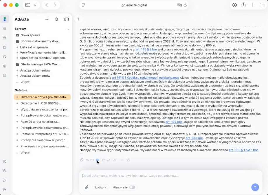 Przykładowy widok pracy ze sprawą rodzinną w AdActa™